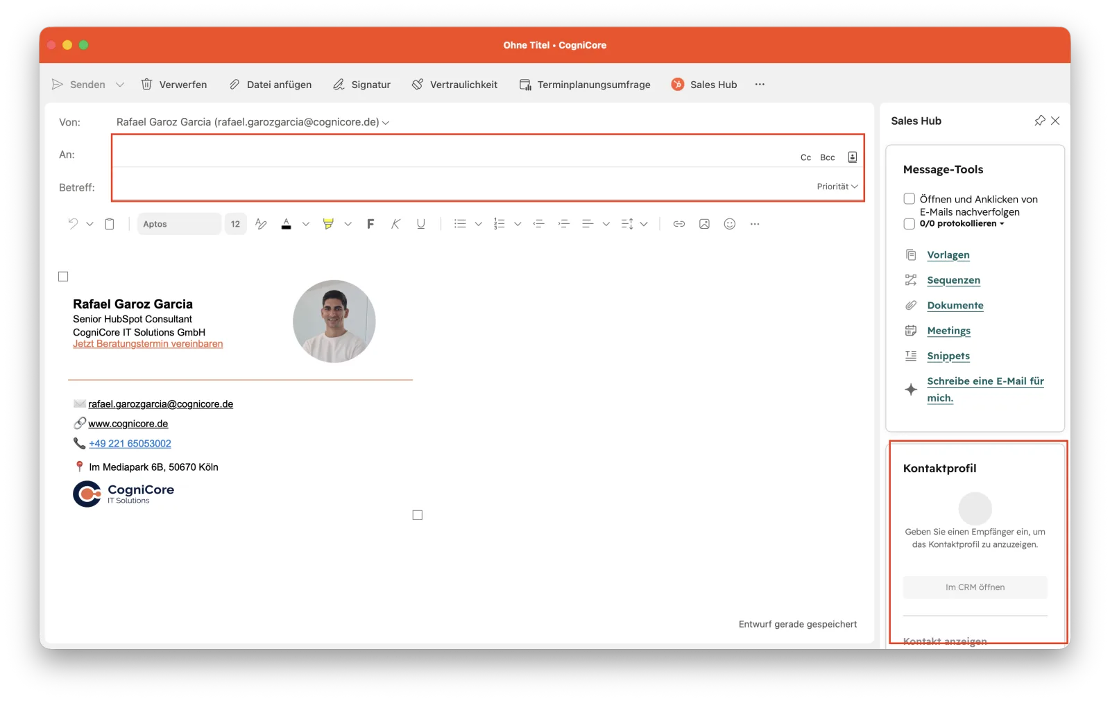 Sales-Add-in Aufgabenbereich in Outlook mit Message-Tools, Vertriebstools und Kontaktprofil